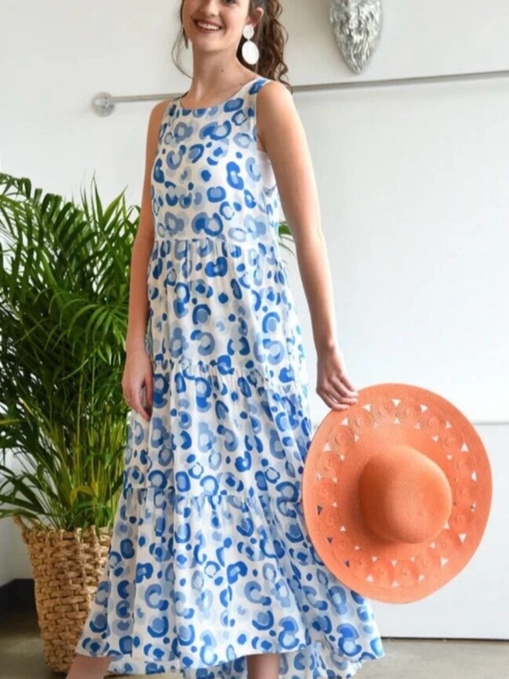 Michelle McDowell Blue & White Leopard Tiered Maxi Dress size medium